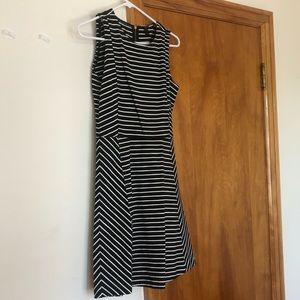 JCrew navy white stripe dress with gold zipper